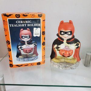 Halloween Costumed Caped Child Pumpkin Ceramic Tealight Holder